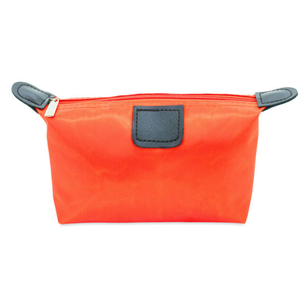 bolso de mano naranja con cierre de cremallera de colores coordinados, detalles de PU en el extremo de la cremallera y en la parte delantera