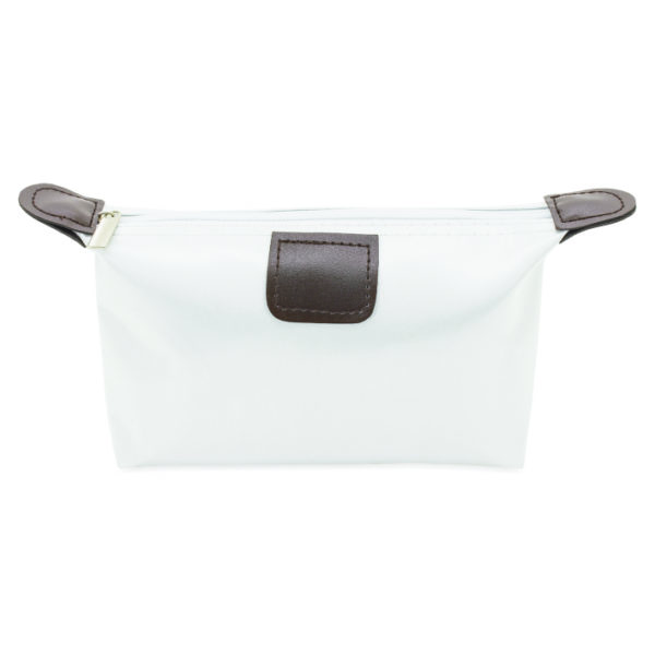 white clutch bag with coordinated colored zip closure, PU details at the end of the zip and on the front