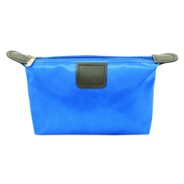 bolso de mano azul con cierre de cremallera de colores coordinados, detalles de PU en el extremo de la cremallera y en la parte delantera