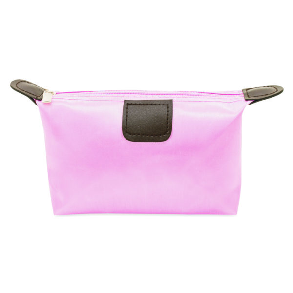 pink clutch bag with coordinated colored zip closure, PU details at the end of the zip and on the front