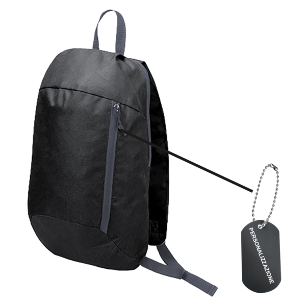 Black backpack with matching tag