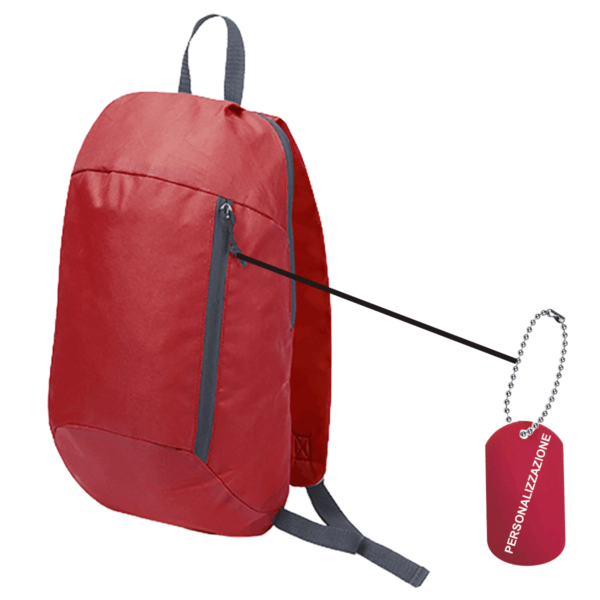 Red backpack with matching tag