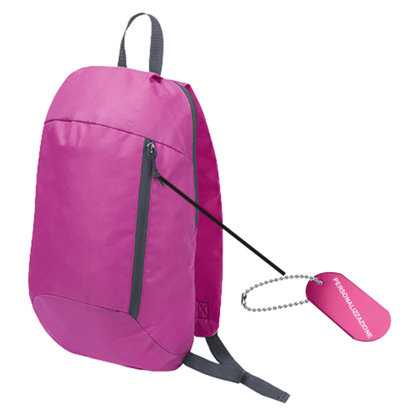 Fuchsia backpack with matching tag